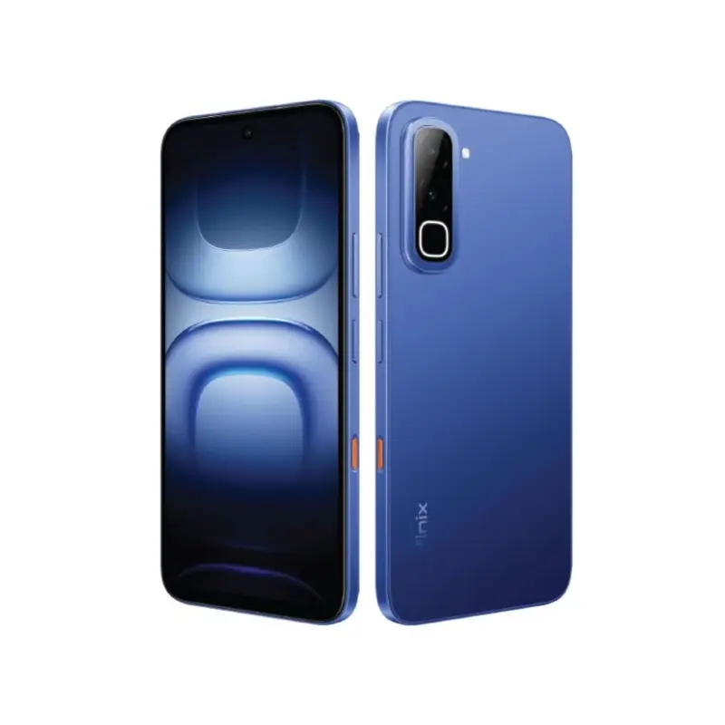 Infinix-Hot-70-4G copy – Buy Smartphones & Accessories | Ropem Phones Kenya Blue smartphone shown from front and back, with a full-screen display on the front and a vertical camera module on the back.