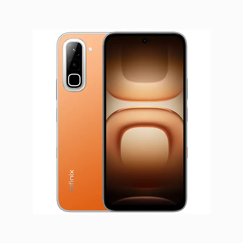 Orange Infinix smartphone shown from back and front, displaying a vertical camera module, slim silver frame, and edge-to-edge display with a warm wallpaper.