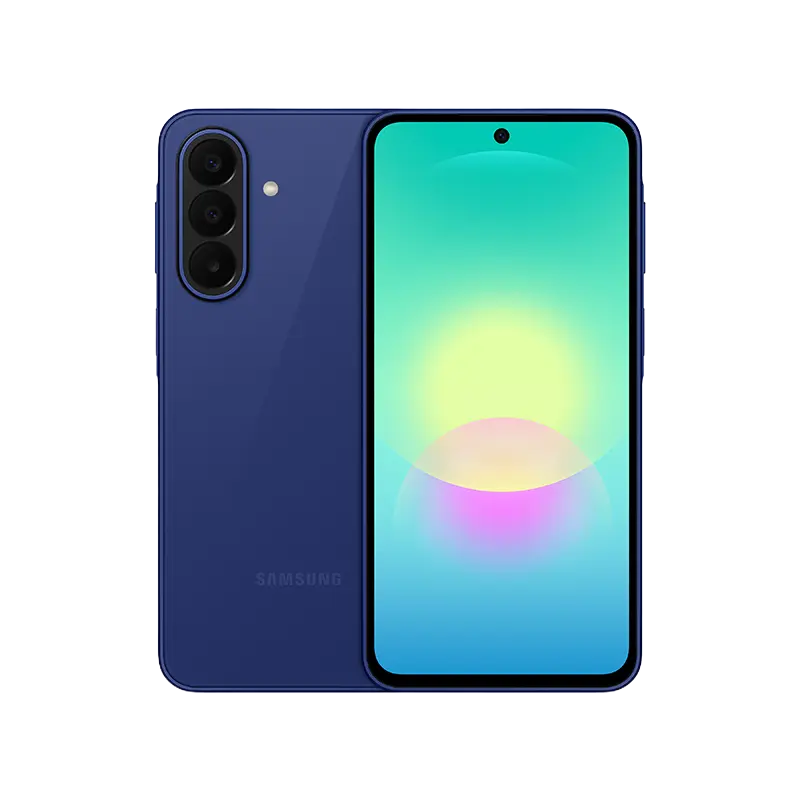 Samsung smartphone in blue with a triple-camera setup on the back and a bezel-front display showing a colorful wallpaper.