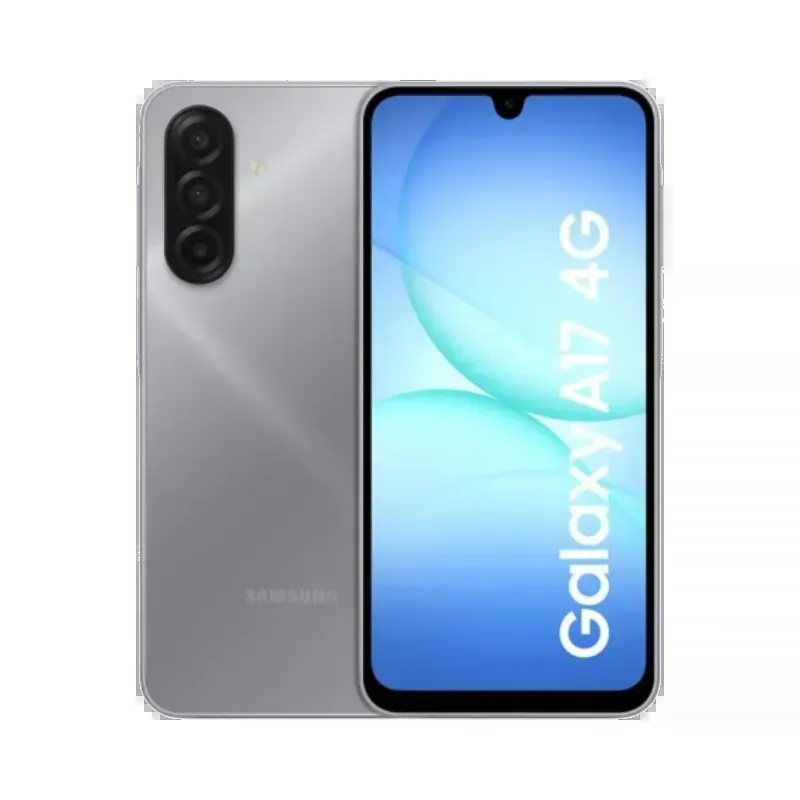Samsung_Gal_5580d4-2webp – Buy Smartphones & Accessories | Ropem Phones Kenya Samsung Galaxy A17 4G smartphone shown from the back (silver) with a vertical triple-camera setup on the left and a blue screen on the front edge.
