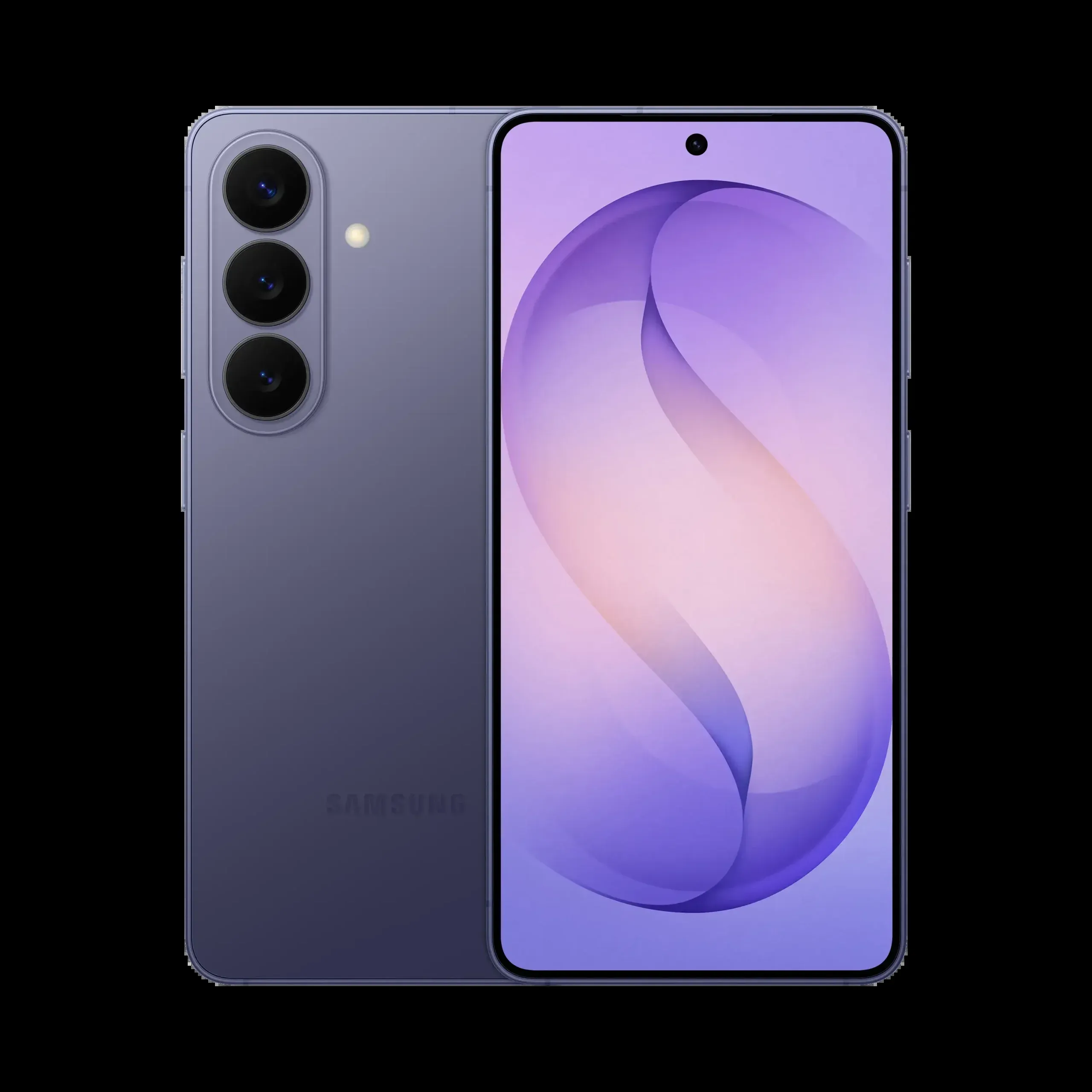 Split-view close-up of a purple Samsung phone: left shows the rear with a triple-camera module, right shows the front with purple wallpaper against black background.