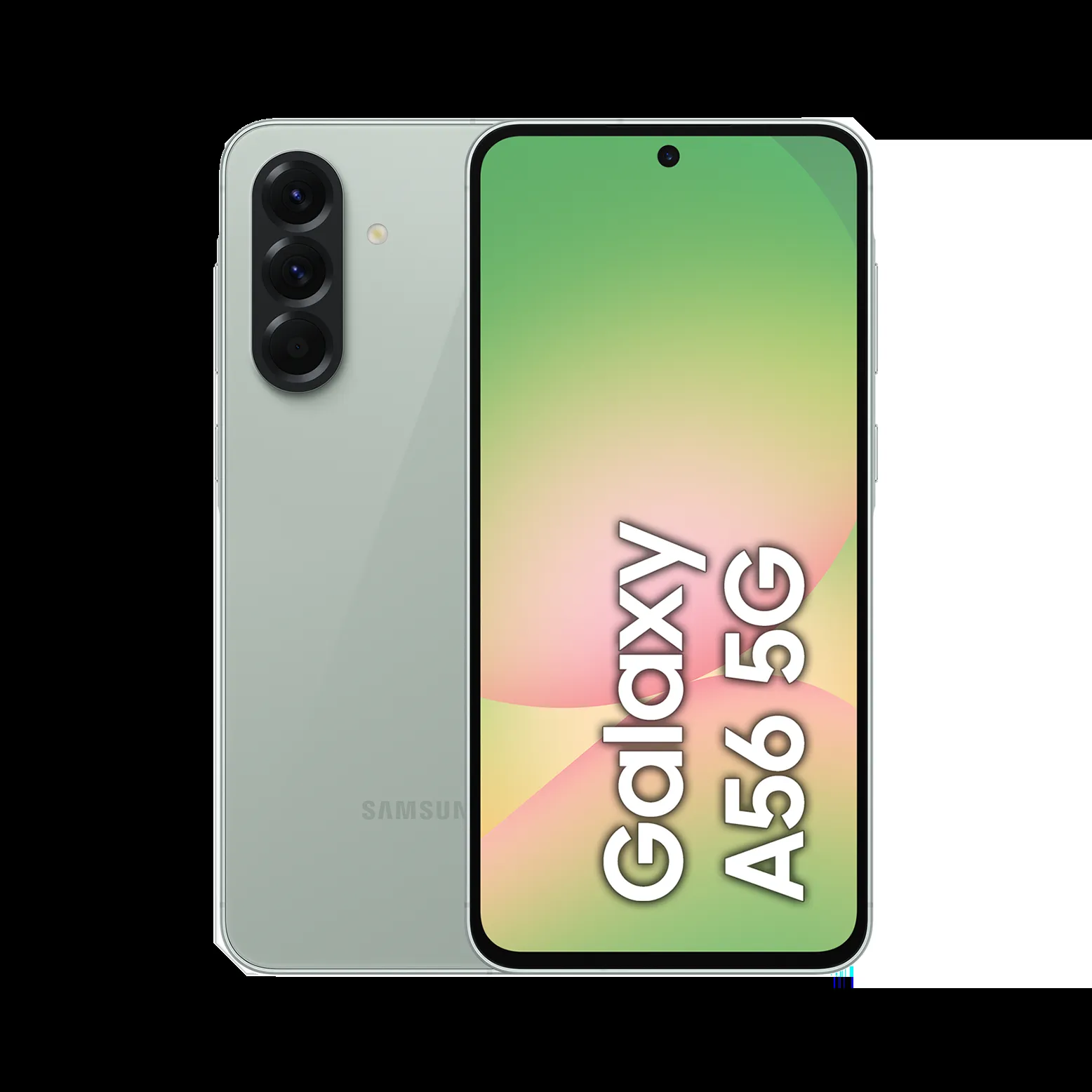 Samsung Galaxy phone with a vertical triple-camera module on the back and a colorful screen displaying 'Galaxy A56 5G' text.