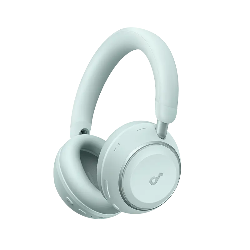 Soundcore Space 2 Headphones seafoam green – Buy Smartphones & Accessories | Ropem Phones Kenya Pale gray over-ear headphones with circular ear cups and padded headband against a white background.