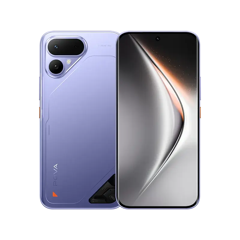 Tecno Pova Curve 2 - purple – Buy Smartphones & Accessories | Ropem Phones Kenya Front and back view of a purple smartphone; edge-to-edge display on the front, dual-camera module with flash on the back.