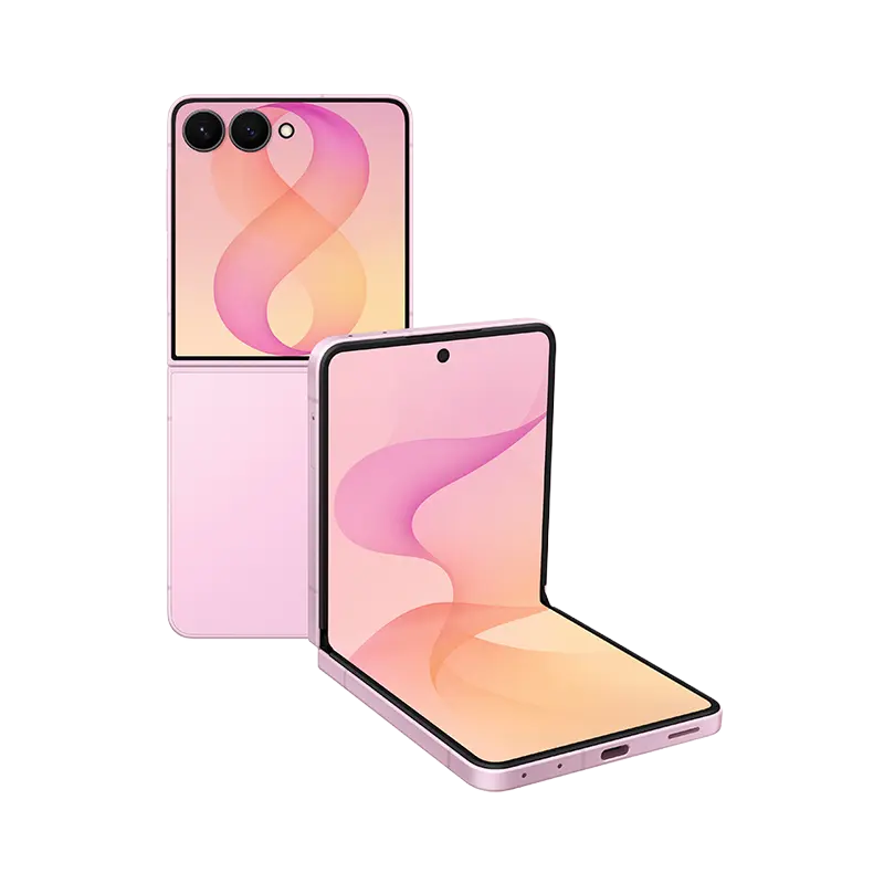 Samsung Galaxy Z Flip8 Foldable smartphone one screen upright and the other opened at a right angle.